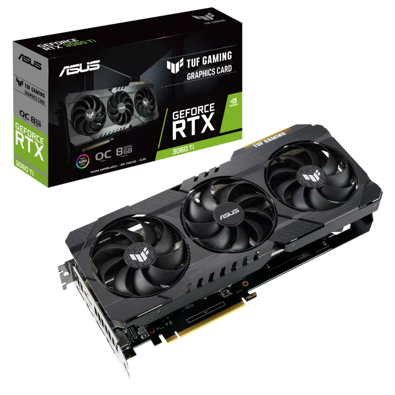 ASUS TUF Gaming NVIDIA GeForce RTX 3060 Ti OC Edition PCIe 4.0, 8GB GDDR6X, HDMI 2.1, DisplayPort 1.4a, Dual Ball Fan Bearings, Military-grade Certification Video Graphics Card TUF-RTX3060TI-O8GD6X-GAMING