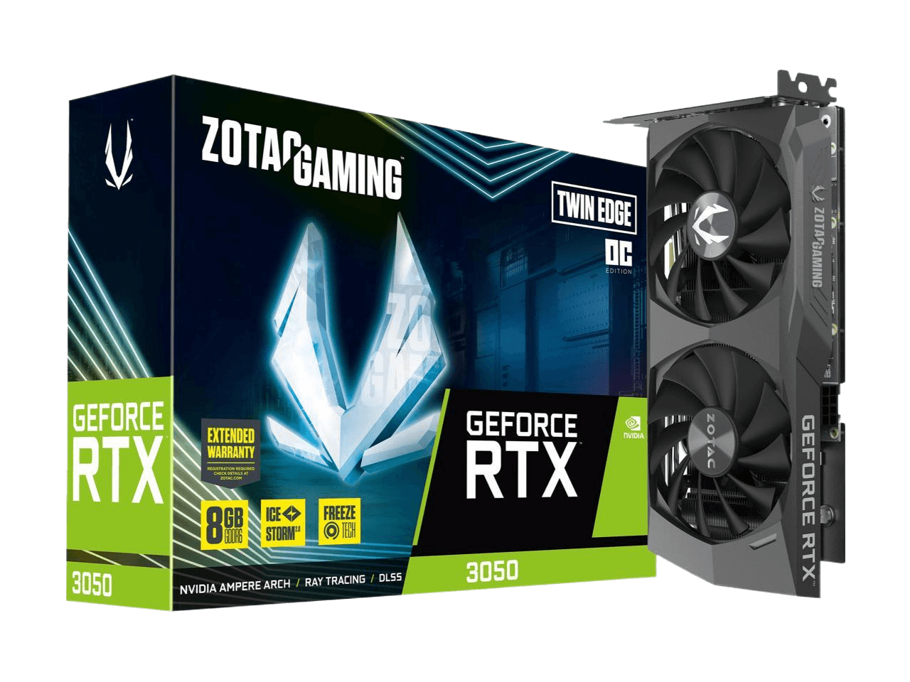 ZOTAC GAMING GeForce RTX 3050 Twin Edge OC 8GB GDDR6 Advanced Cooling FREEZE Fan Stop Active Fan Control Video Graphics Card ZT-A30500H-10M